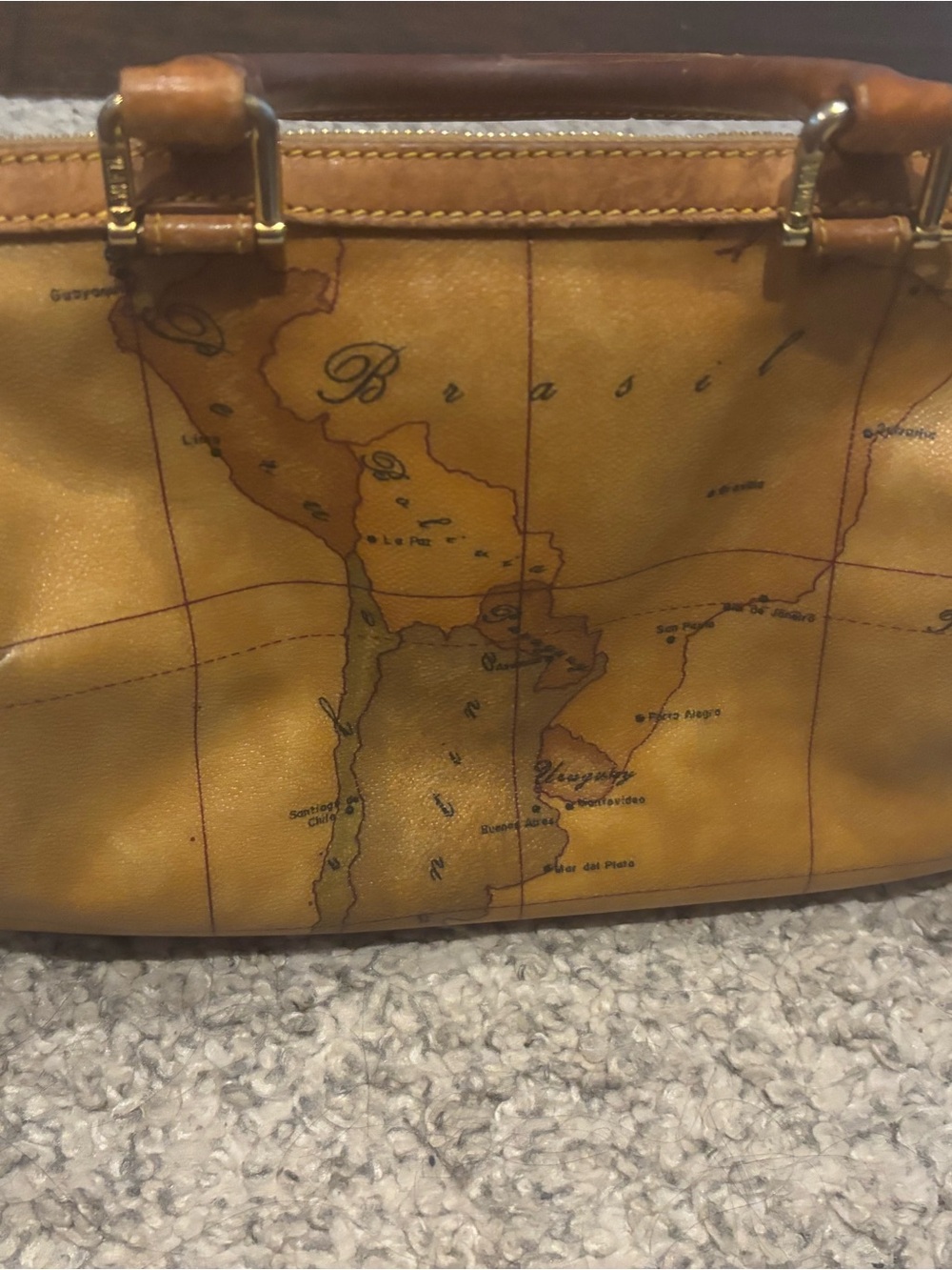 Alviero Martini Yellow Map-Print Leather Satchel with Brass Accents